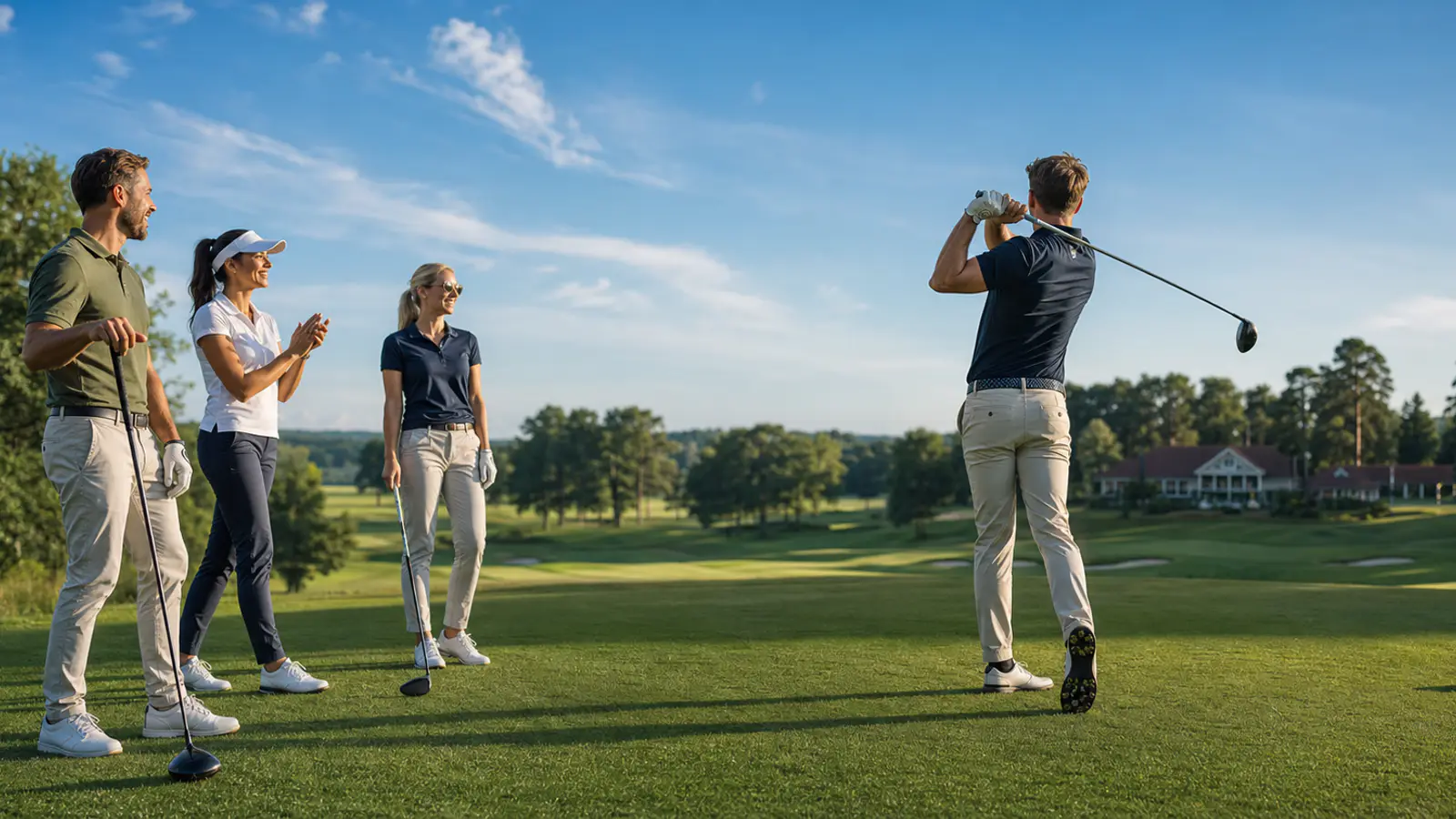Fyra golfare spelar tillsammans på en solig golfbana