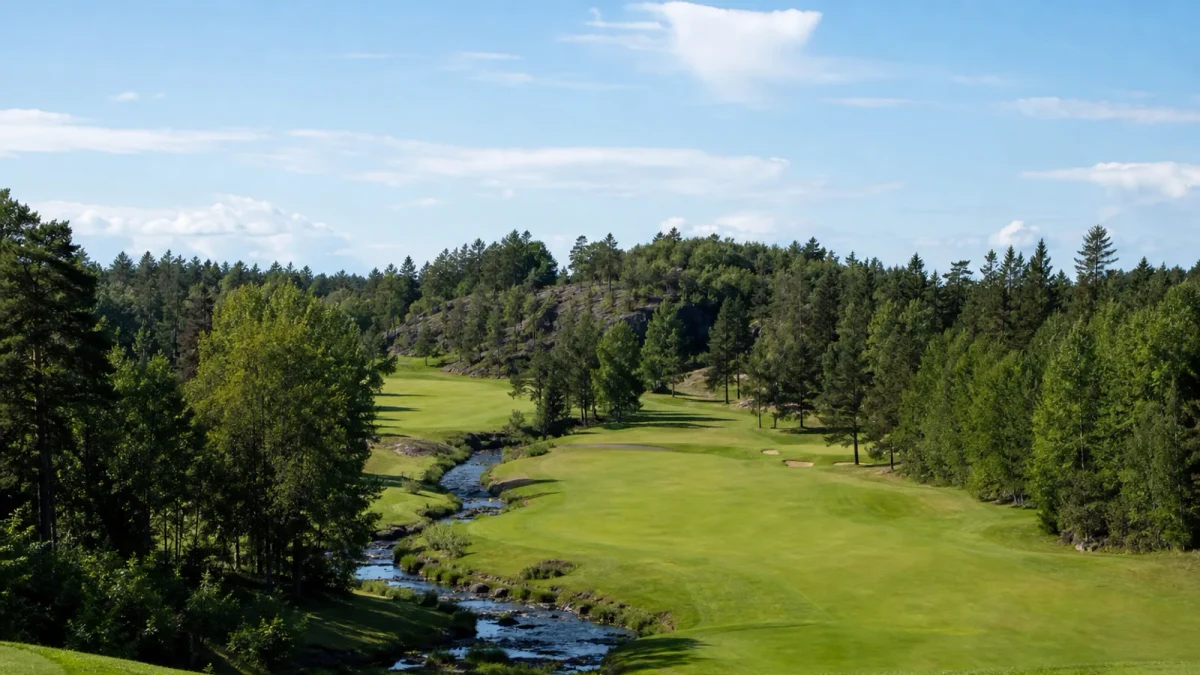 Öppen fairway mellan skog och vattendrag på Botkyrka Golfklubb