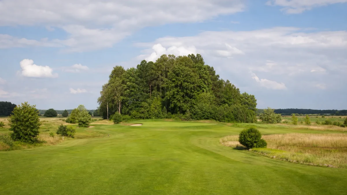 Bred fairway och stor ondulerad green på Bro-Bålsta Golfklubbs 18-hålsbana