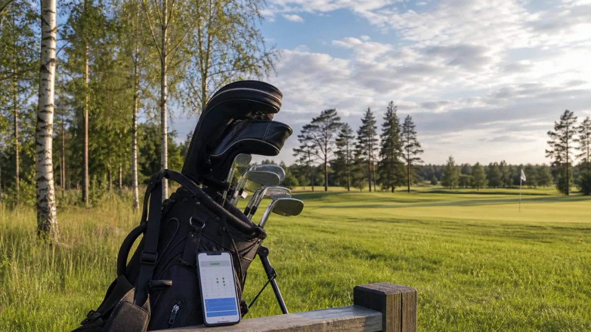 Golfspelare med golfbag som bokar en starttid i mobilen