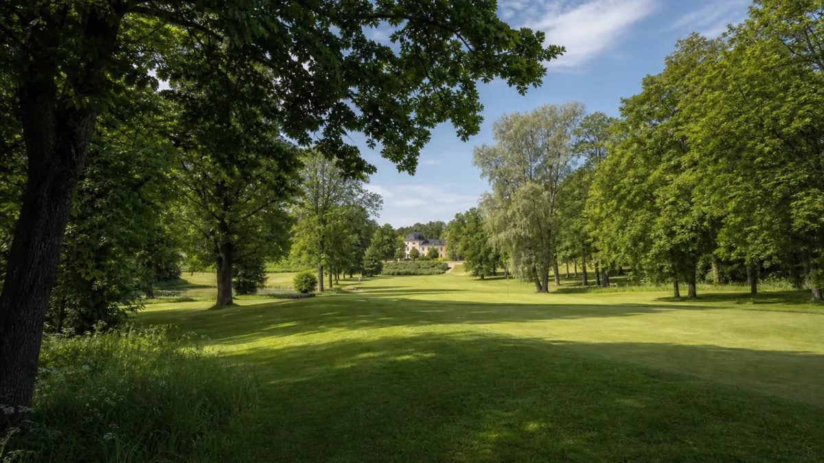 Slottsbanans golfyta i lummigt parklandskap vid Årsta Slott