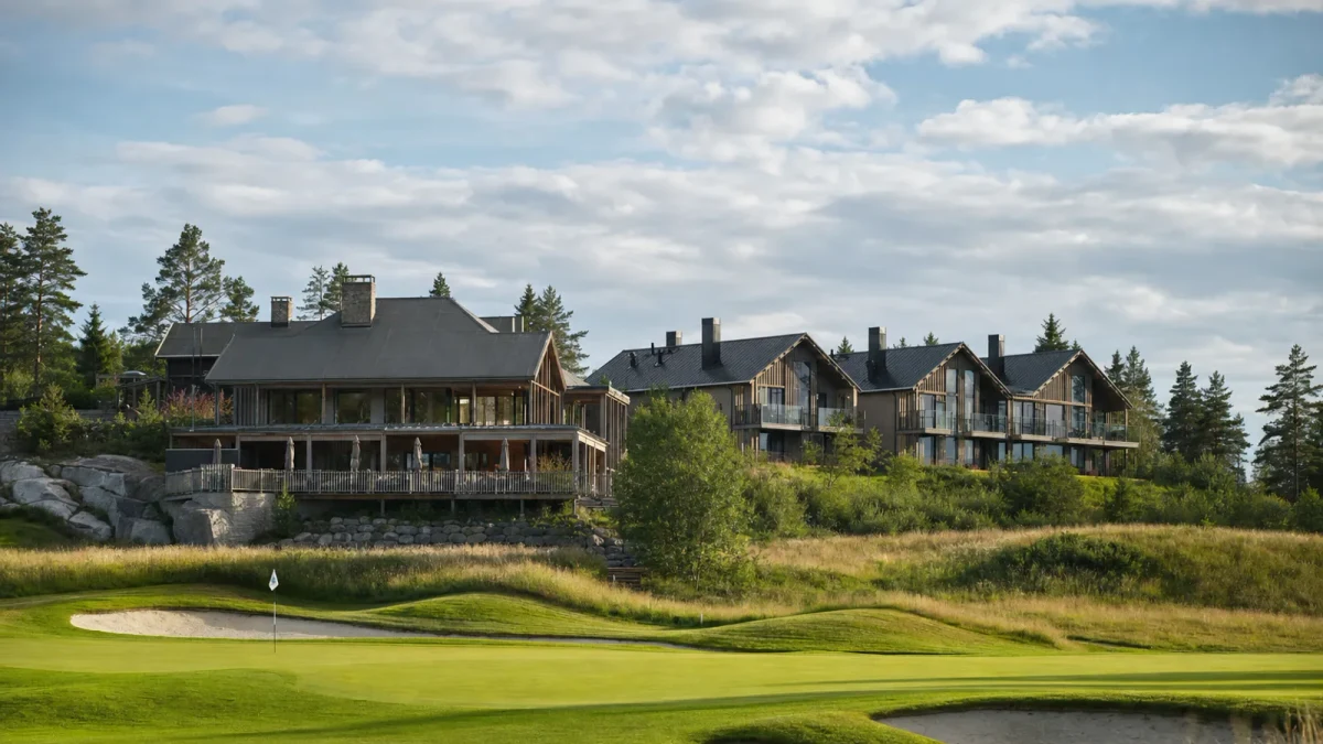Hills Course med klubbhusets restaurang och Hills Lodge intill golfbanan