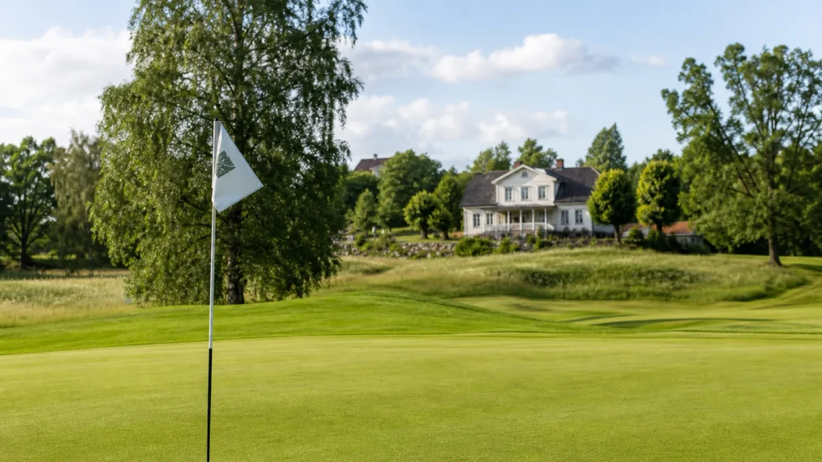Golfare vid sommargreen på Salems Golfklubbs 9-hålsbana med klubbhuset i bakgrunden