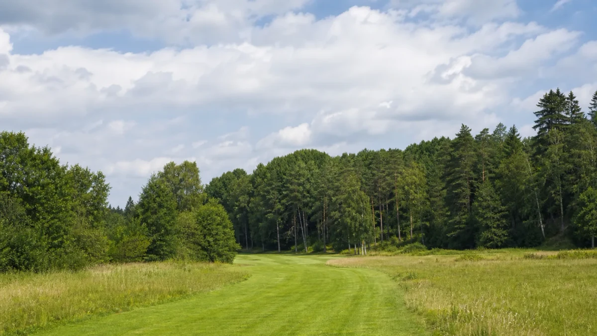 Klippt fairway mellan äng och skog på Tjusta Golfs 18-hålsbana