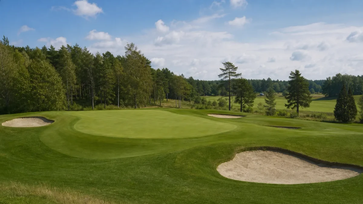 South Course med green, avrinningsytor och naturliga bunkrar i böljande natur