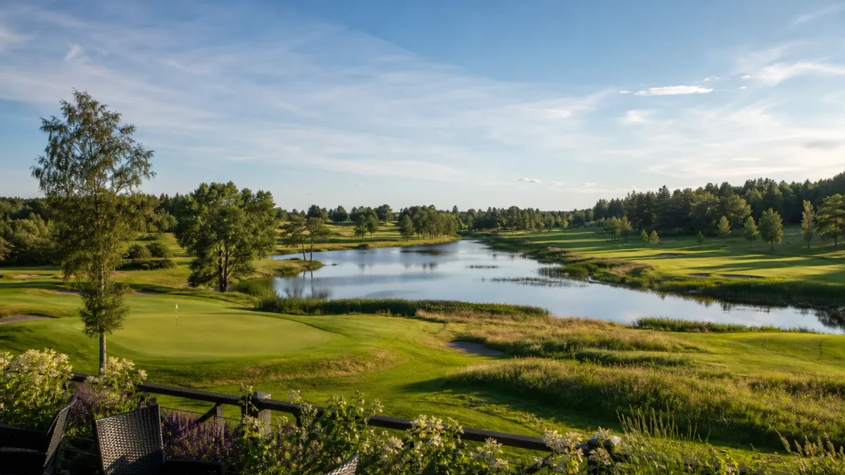 Hål 9 och 18 med den stora dammen sedda från restaurangterrassen