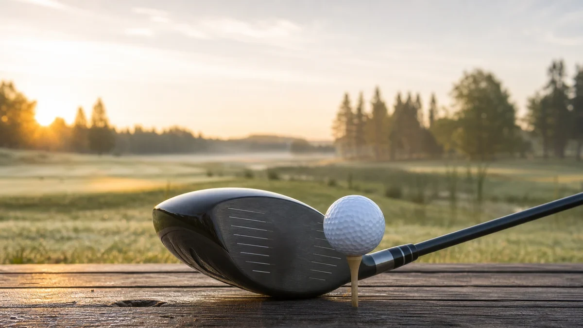 En driver placerad bakom en golfboll på tee