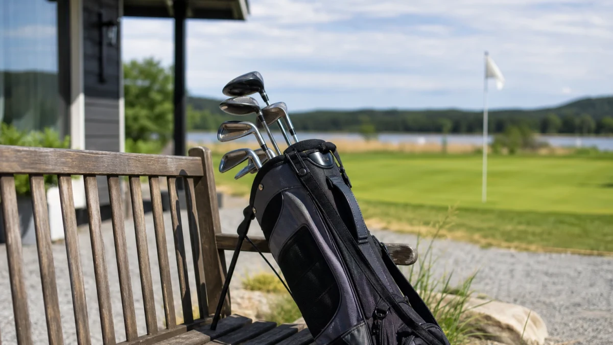 Golfbag vid en bänk med scorekort och penna