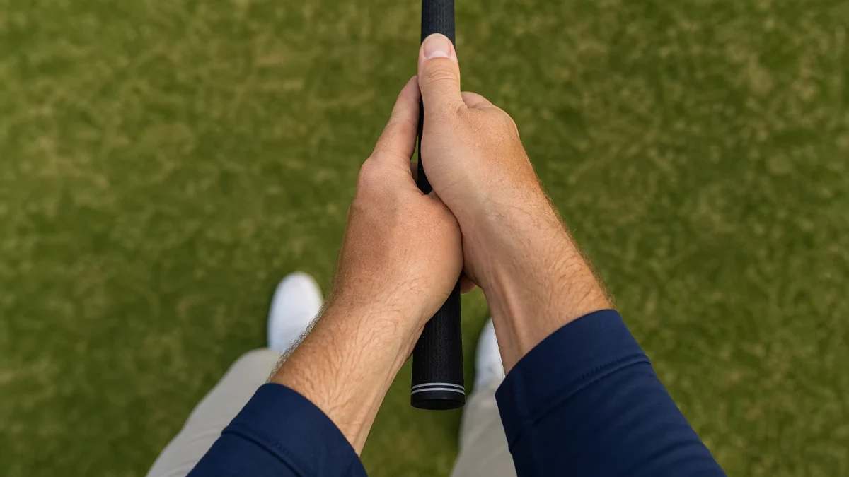 Två händer som håller en golfklubba med neutralt golfgrepp sett uppifrån