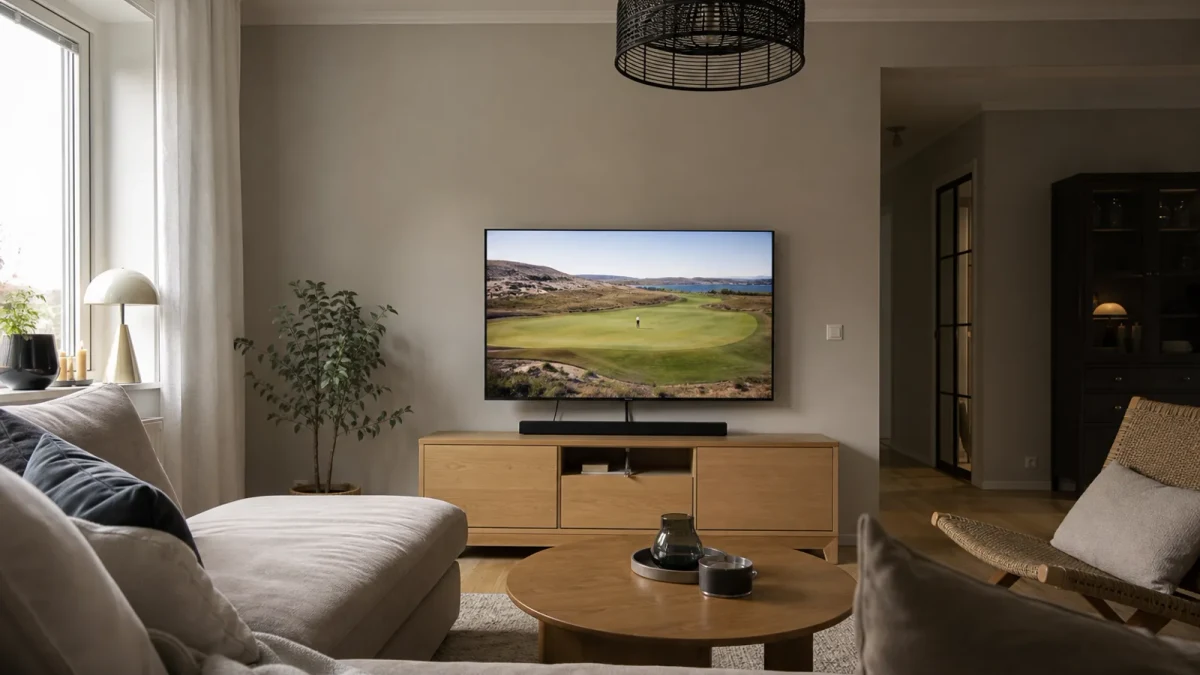 Golfsändning på en tv i ett vardagsrum