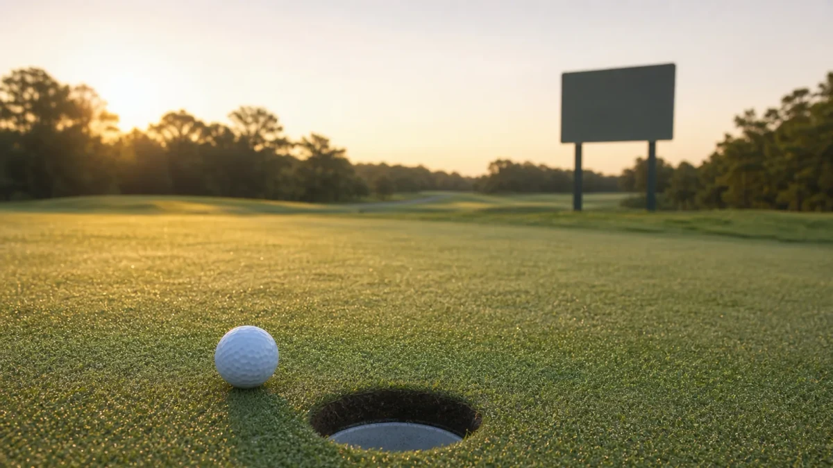 Golfboll på en green med en tom resultattavla i bakgrunden