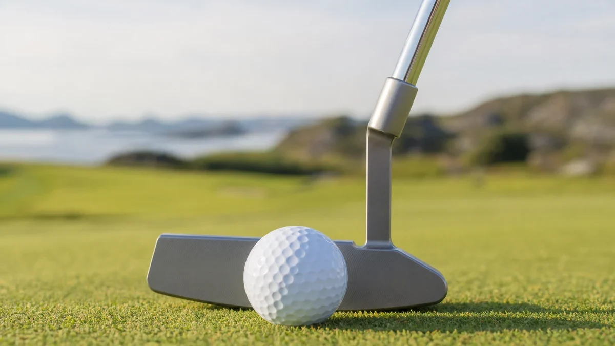 Putter och boll på green för putting illustrerad med golfmotiv
