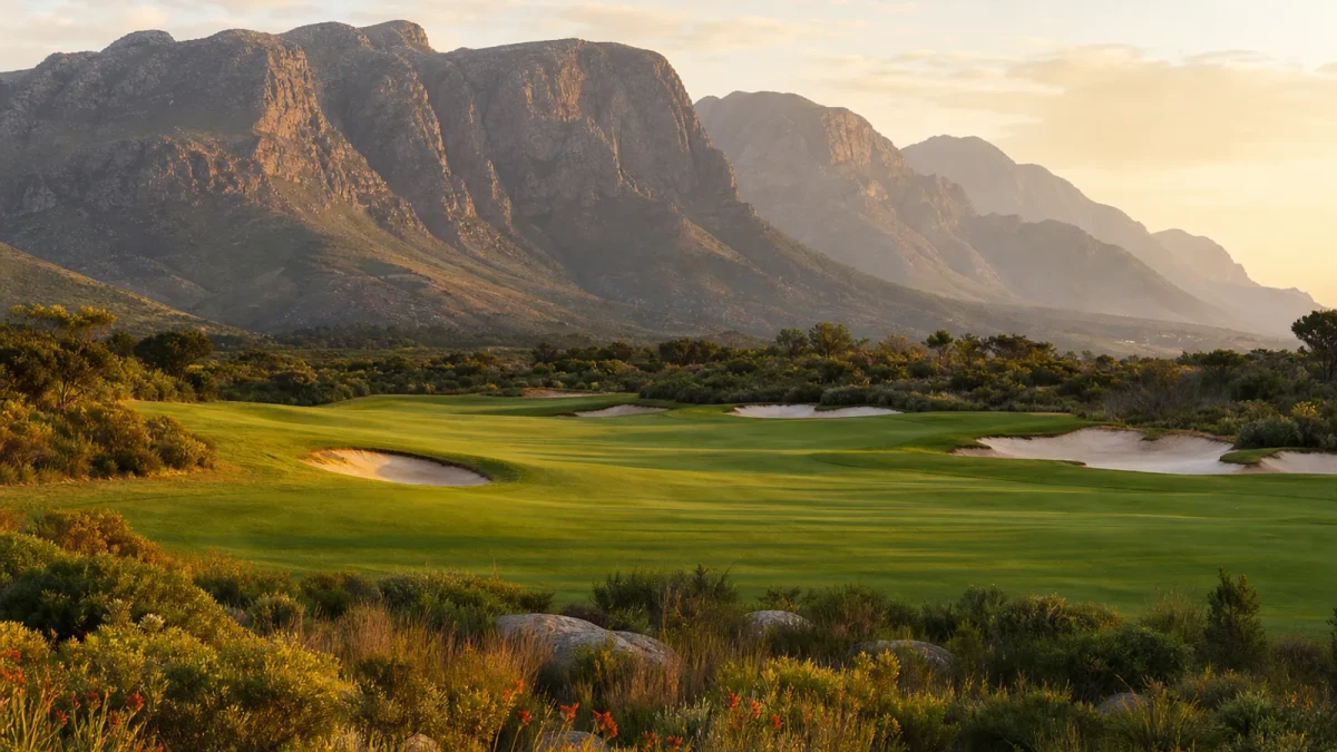 Sydafrikansk golfbana med bred fairway och berg i bakgrunden