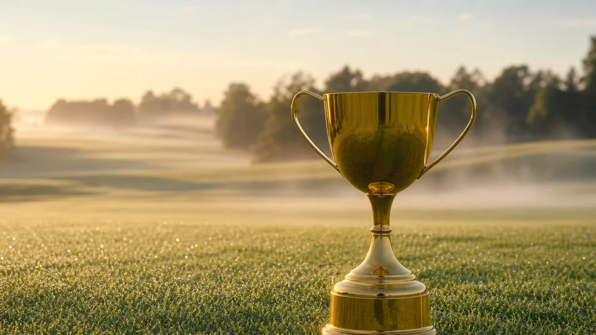 Generisk guldpokal på en golfgreen i morgonljus