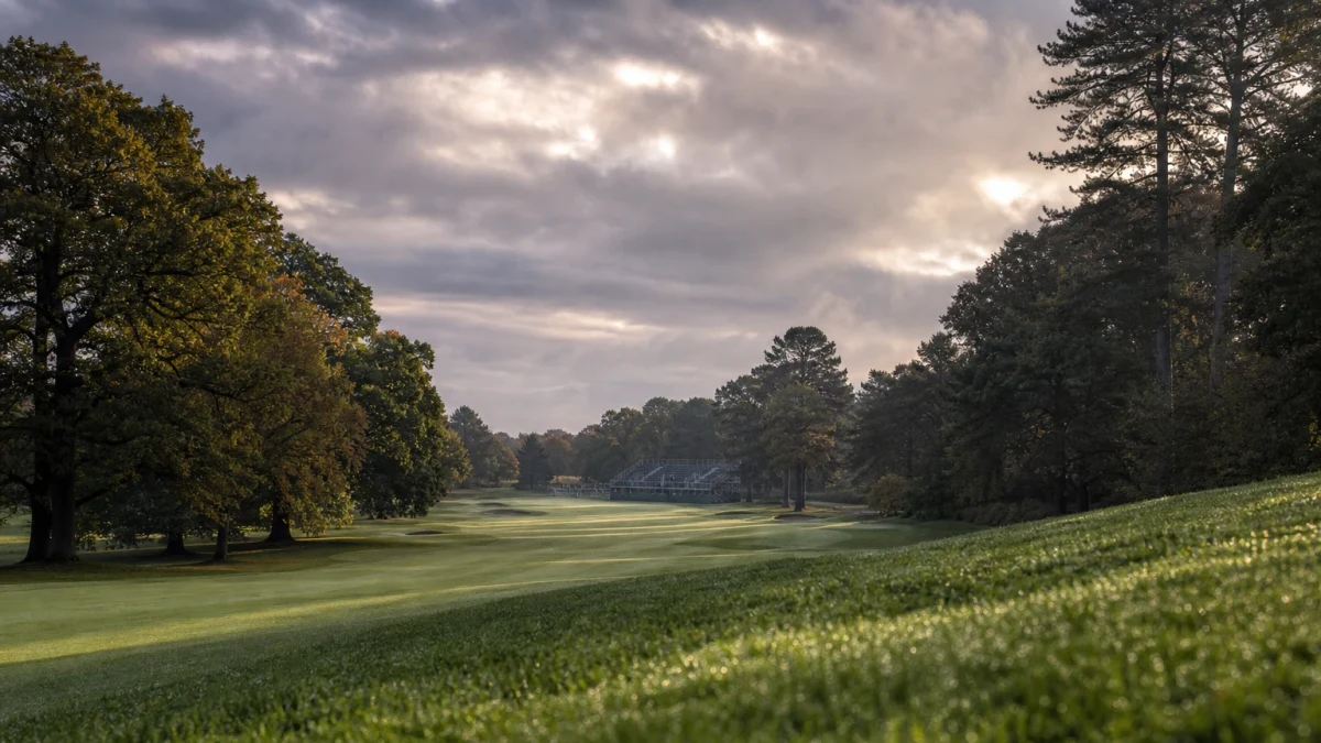 Green på en engelsk parkbana med läktare bland höga träd inför BMW PGA Championship