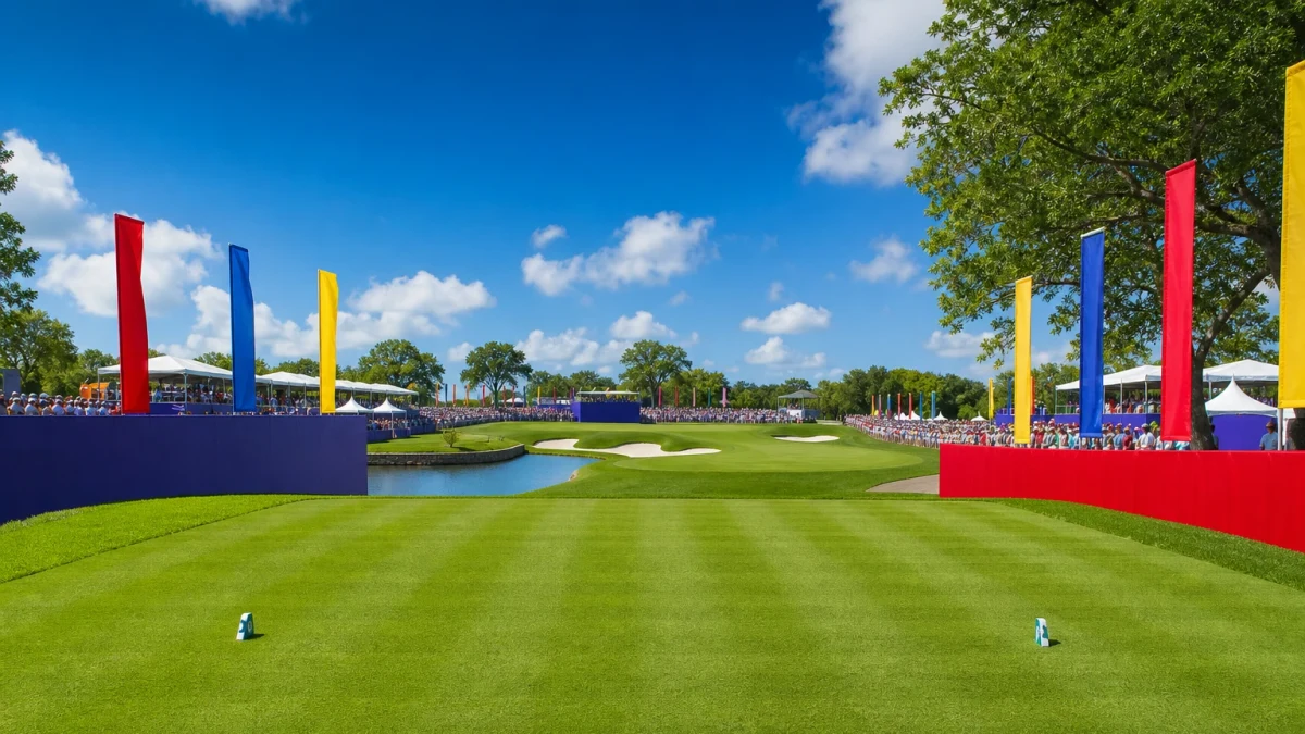 Flera spelargrupper på olika hål samtidigt under en modern golftävling med shotgun-start