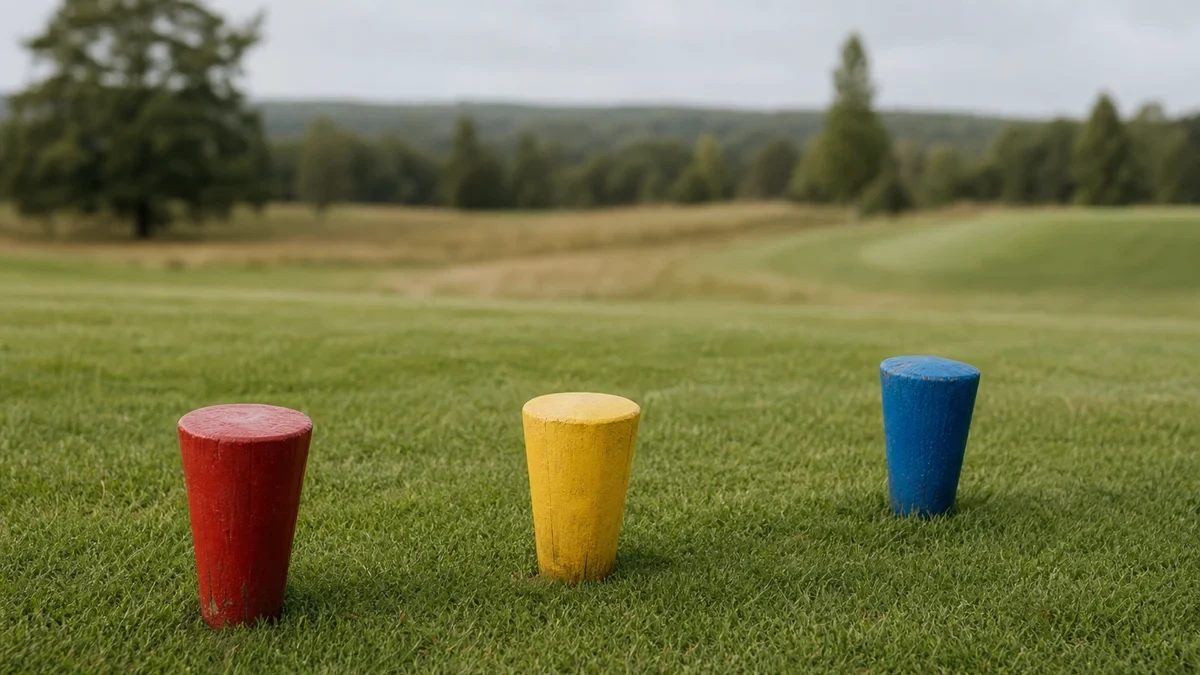 Utslagsplats i golf med teemarkeringar illustrerad med golfmotiv