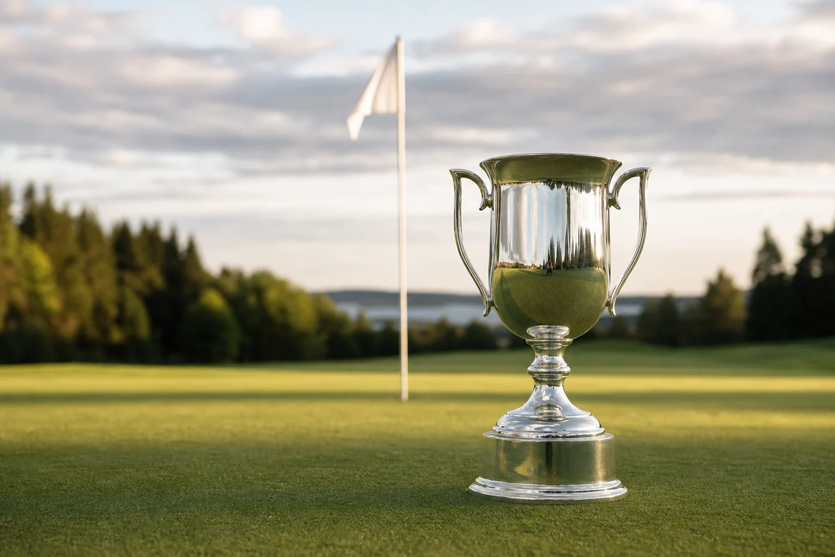 Golfens majors illustrerade med en glänsande pokal på en green med flaggstång bakom